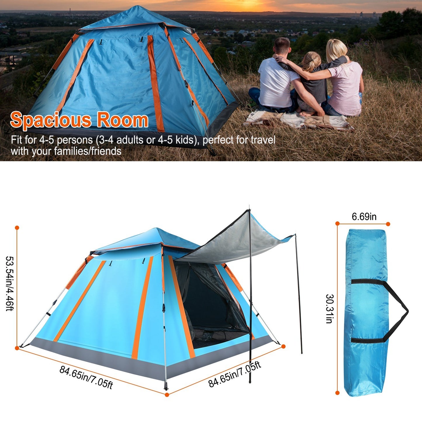 1Pc 4-5 Person Camping Tent With 2 Mosquito Nets, Carry Bag, & Rainfly