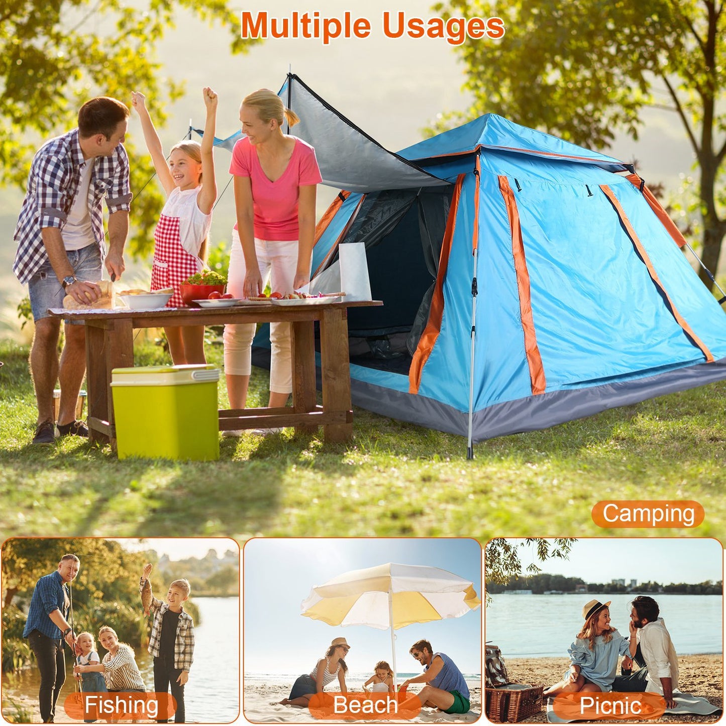 1Pc 4-5 Person Camping Tent With 2 Mosquito Nets, Carry Bag, & Rainfly