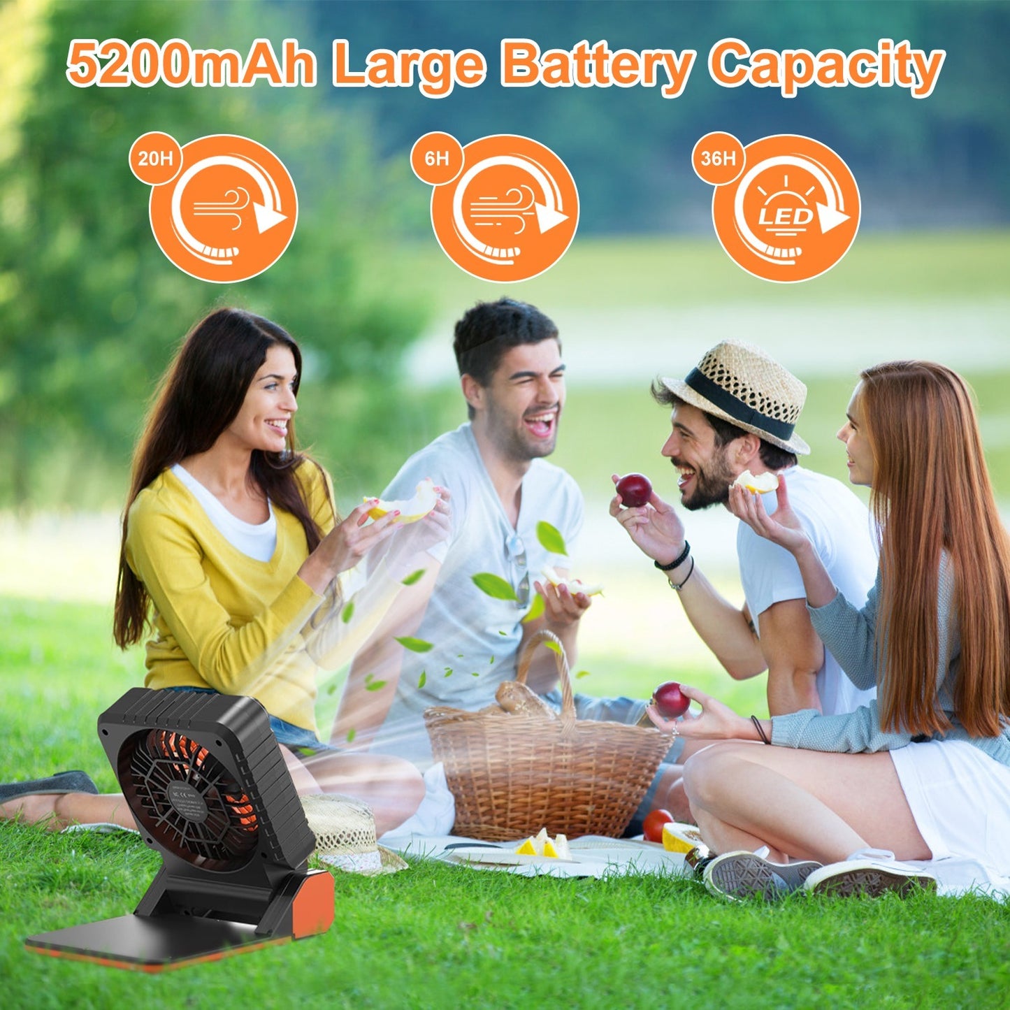 1Pc Solar Camping Fan With LED Lantern 5200mAh Rechargeable Battery