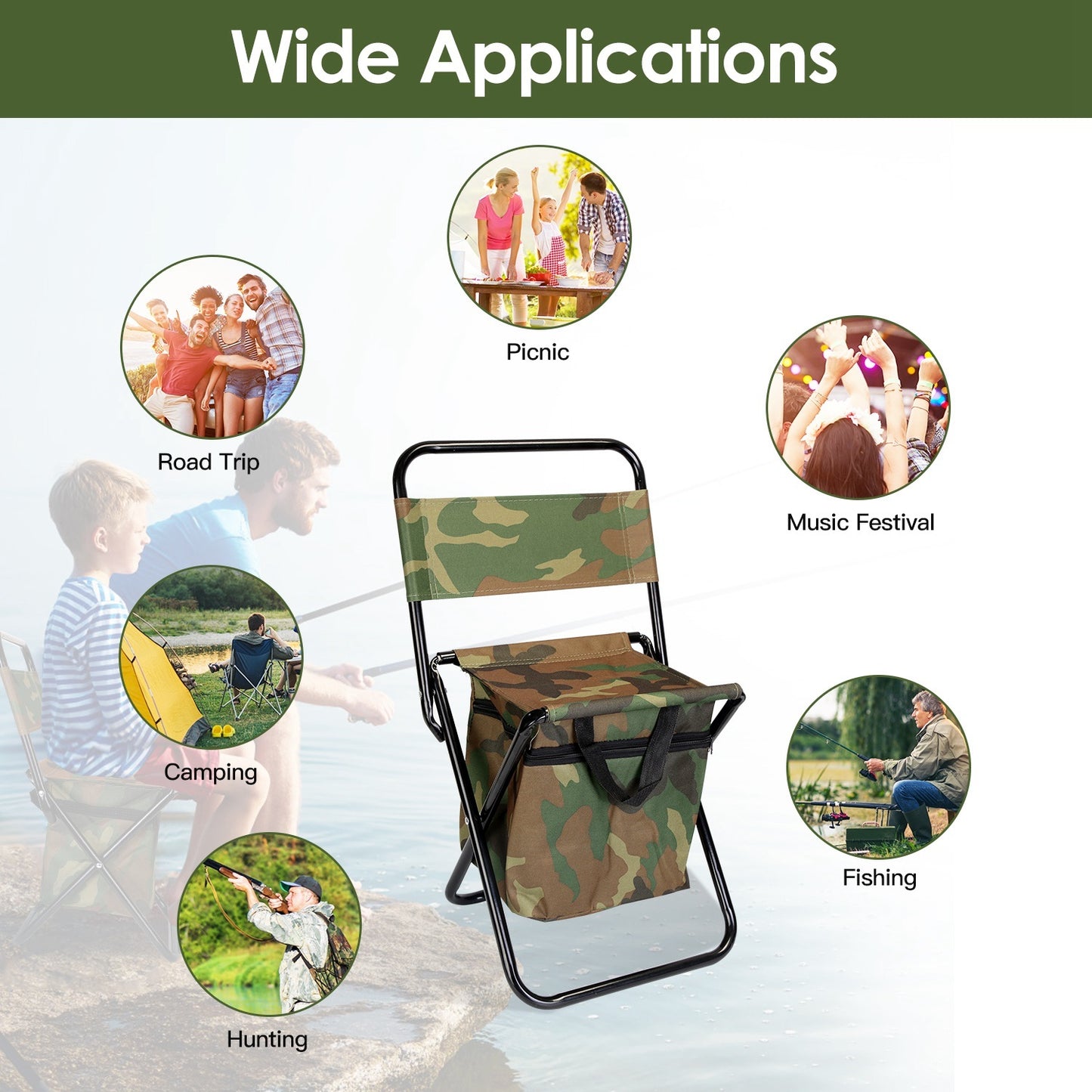 Foldable Fishing Chair With Backrest & Built-In Cooler Bag