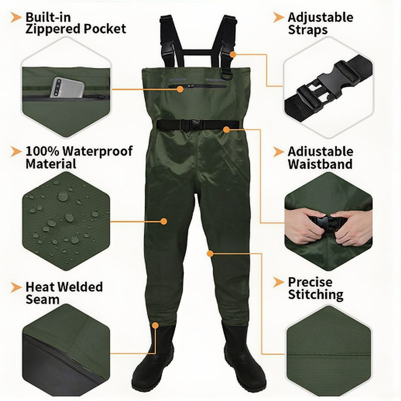 Waterproof 2-Ply Nylon PVC Chest Wader With Boots