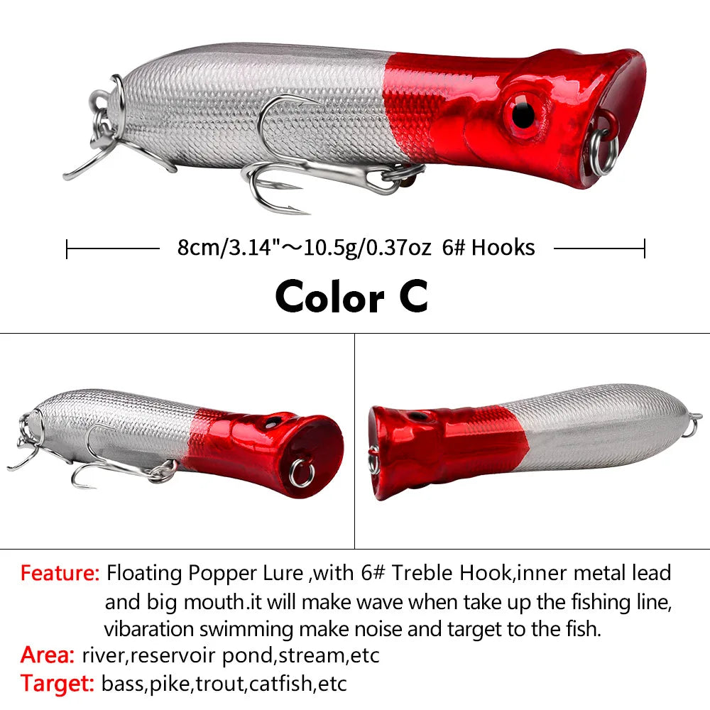 Topwater Popper Saltwater Fishing 8cm-12g 6# Floating Bait Hard Bait Artificial Wobblers Plastic Fishing Tackle for Striper Pike