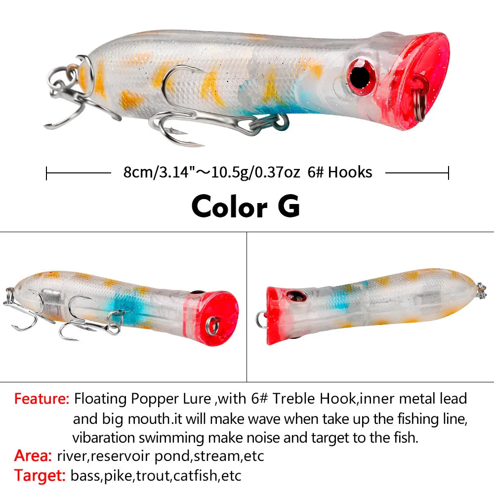 Topwater Popper Saltwater Fishing 8cm-12g 6# Floating Bait Hard Bait Artificial Wobblers Plastic Fishing Tackle for Striper Pike