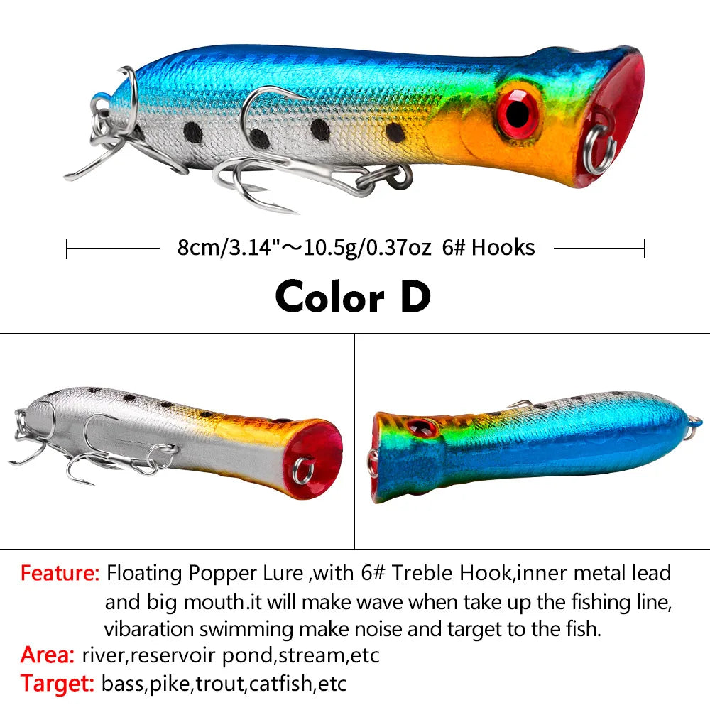 Topwater Popper Saltwater Fishing 8cm-12g 6# Floating Bait Hard Bait Artificial Wobblers Plastic Fishing Tackle for Striper Pike