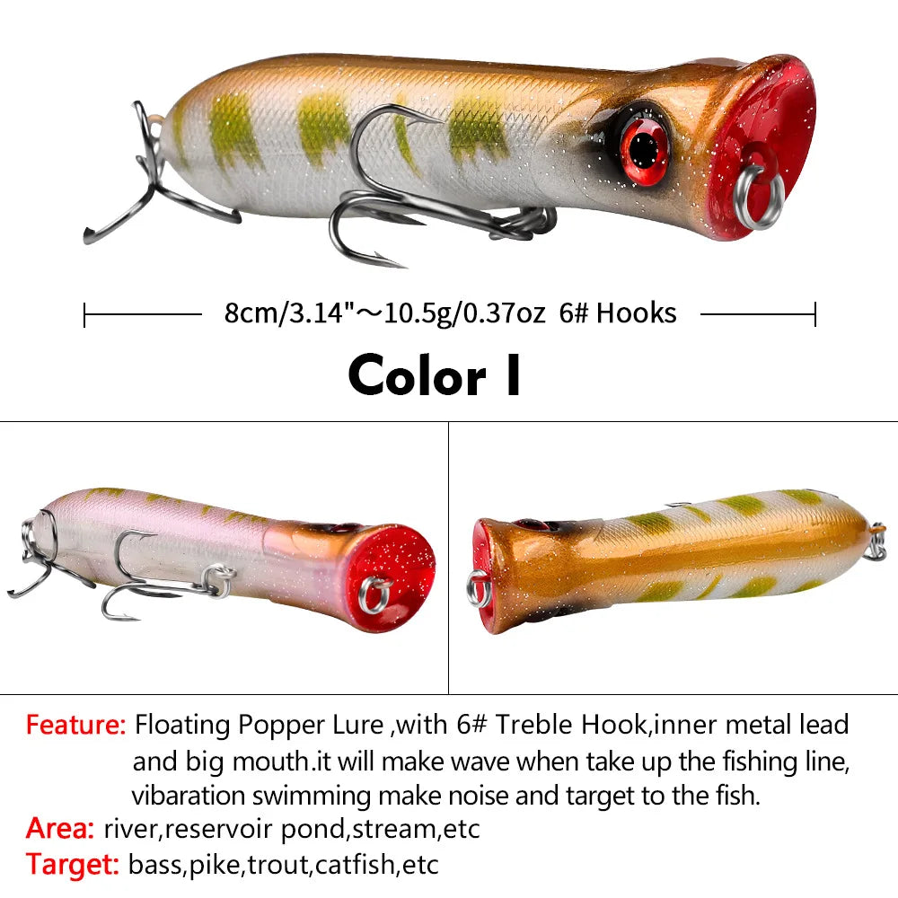 Topwater Popper Saltwater Fishing 8cm-12g 6# Floating Bait Hard Bait Artificial Wobblers Plastic Fishing Tackle for Striper Pike