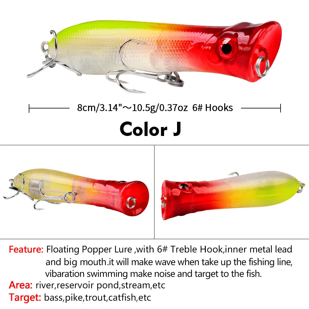 Topwater Popper Saltwater Fishing 8cm-12g 6# Floating Bait Hard Bait Artificial Wobblers Plastic Fishing Tackle for Striper Pike