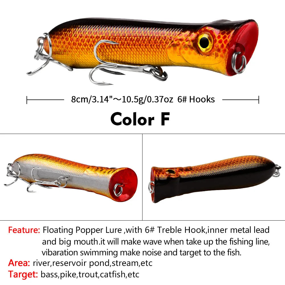 Topwater Popper Saltwater Fishing 8cm-12g 6# Floating Bait Hard Bait Artificial Wobblers Plastic Fishing Tackle for Striper Pike
