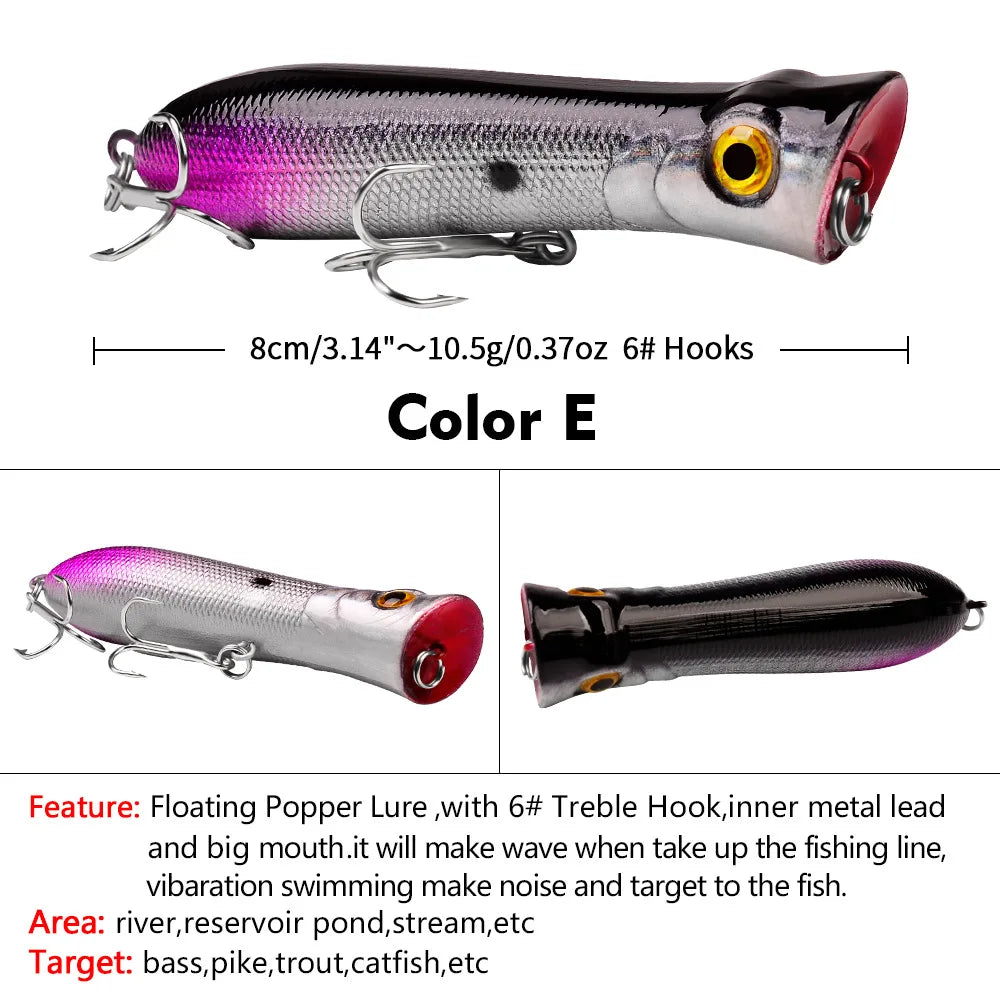 Topwater Popper Saltwater Fishing 8cm-12g 6# Floating Bait Hard Bait Artificial Wobblers Plastic Fishing Tackle for Striper Pike