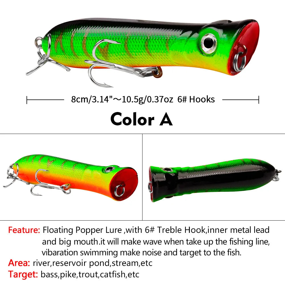 Topwater Popper Saltwater Fishing 8cm-12g 6# Floating Bait Hard Bait Artificial Wobblers Plastic Fishing Tackle for Striper Pike