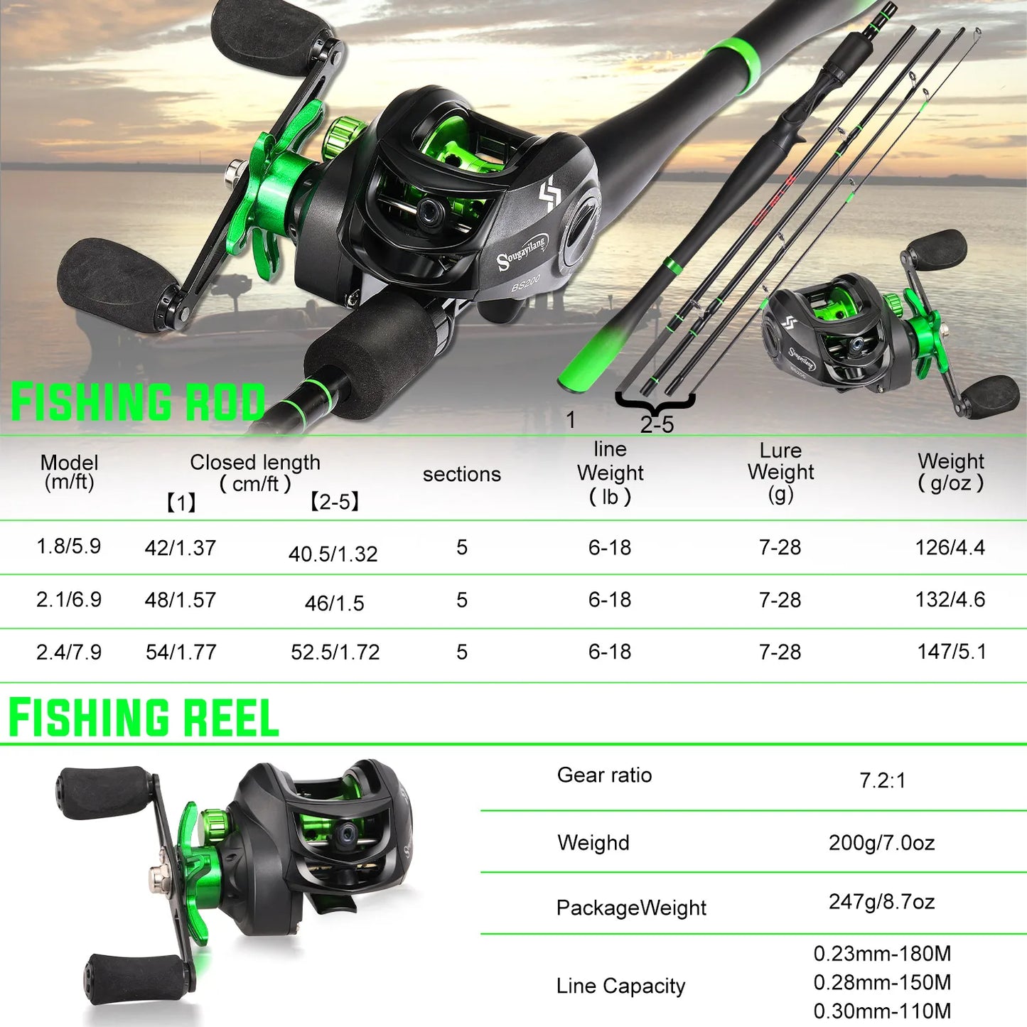 Sougaliyang Bait-Cast Combo - Lime Green 6’ 7’ 8’