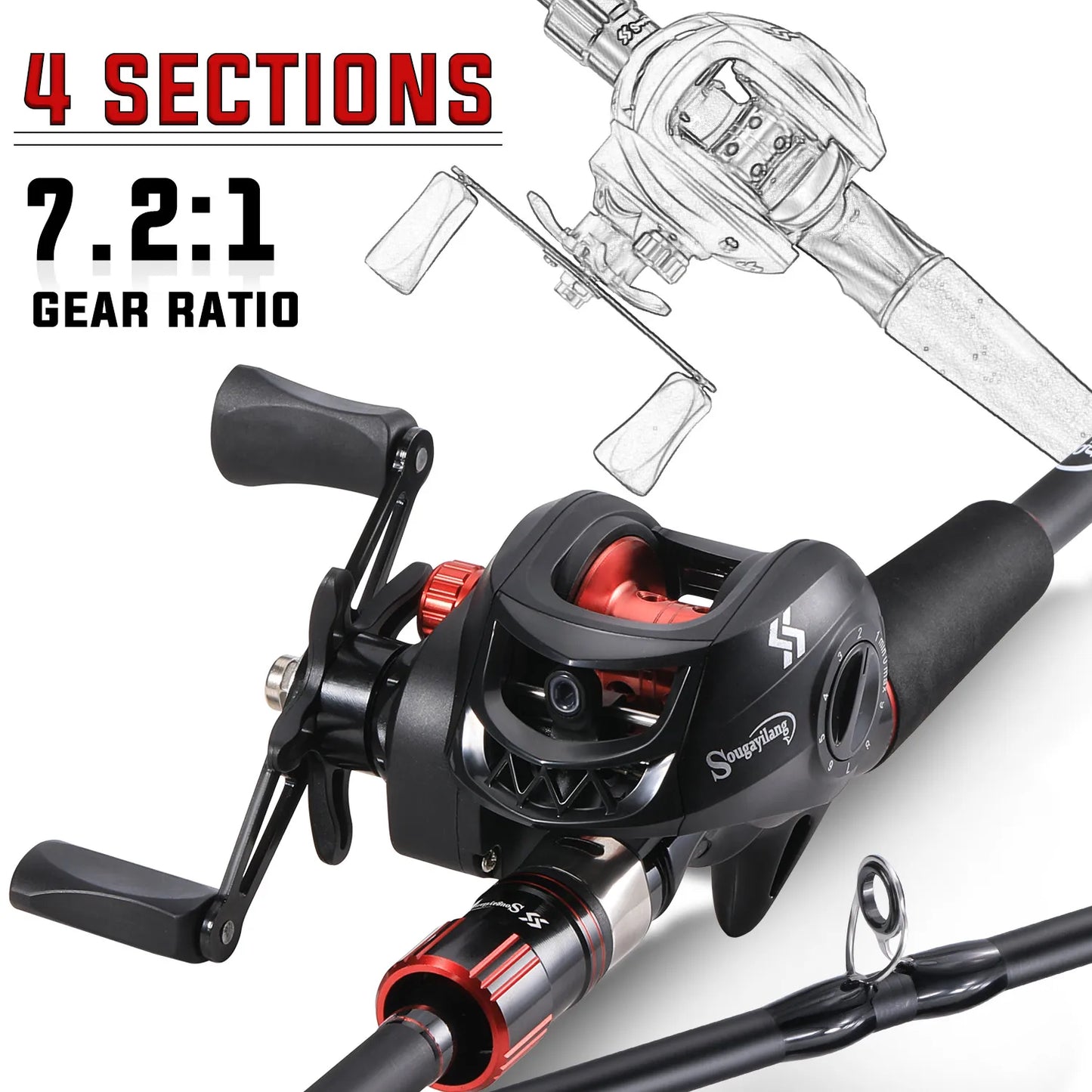 Sougaliyang Black/Red Bait-Cast Rod Combo