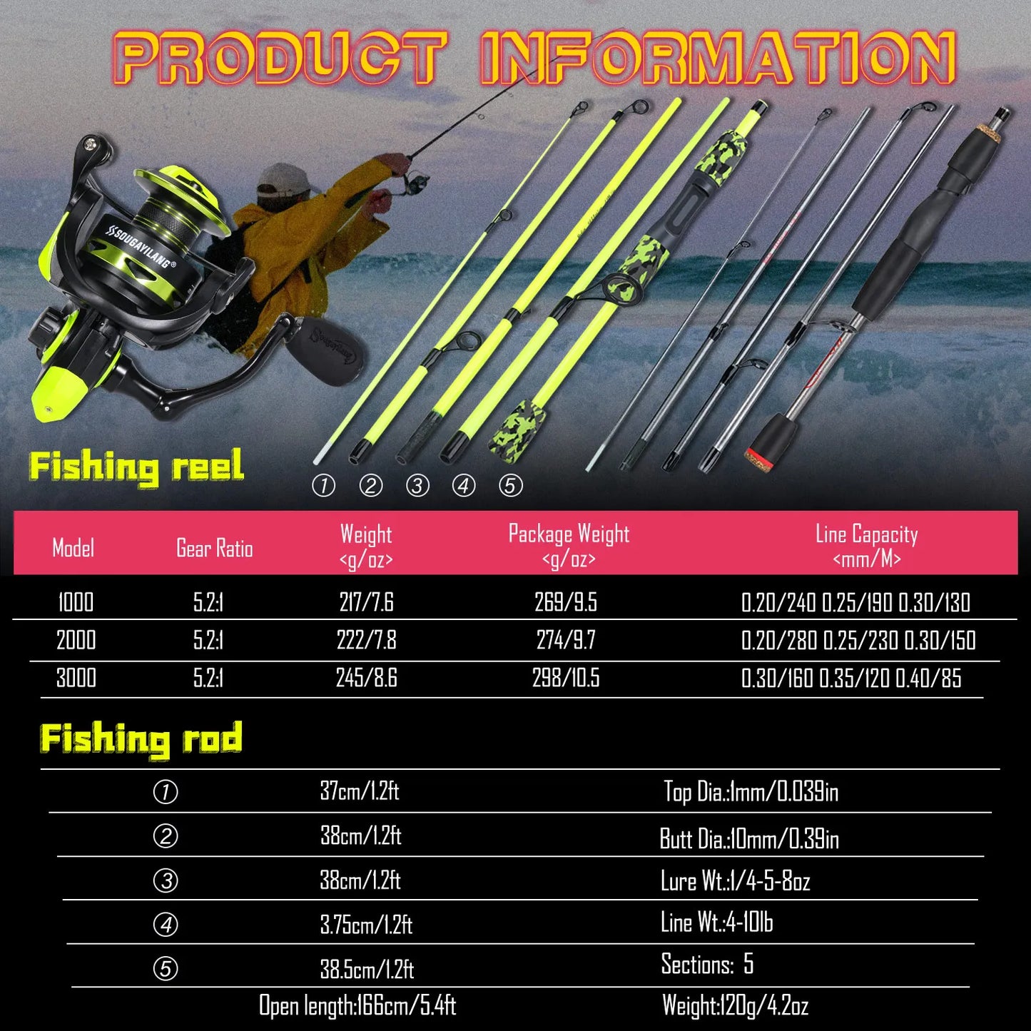 Sougayilang 5-section Spinning Combo - Yellow 6’ 7’ 8’