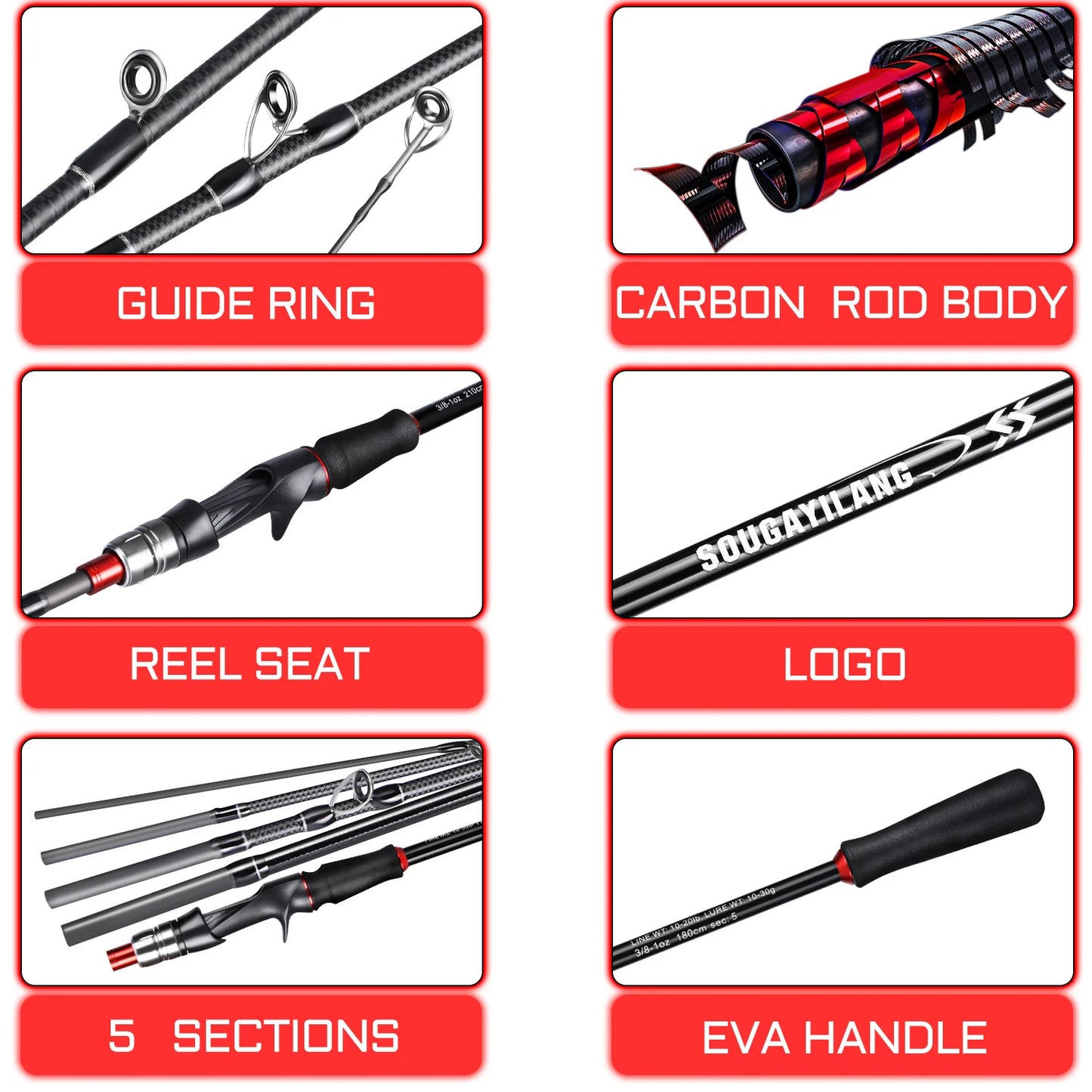 Sougaliyang Spinning/Casting Carbon Fiber 5-section Rod