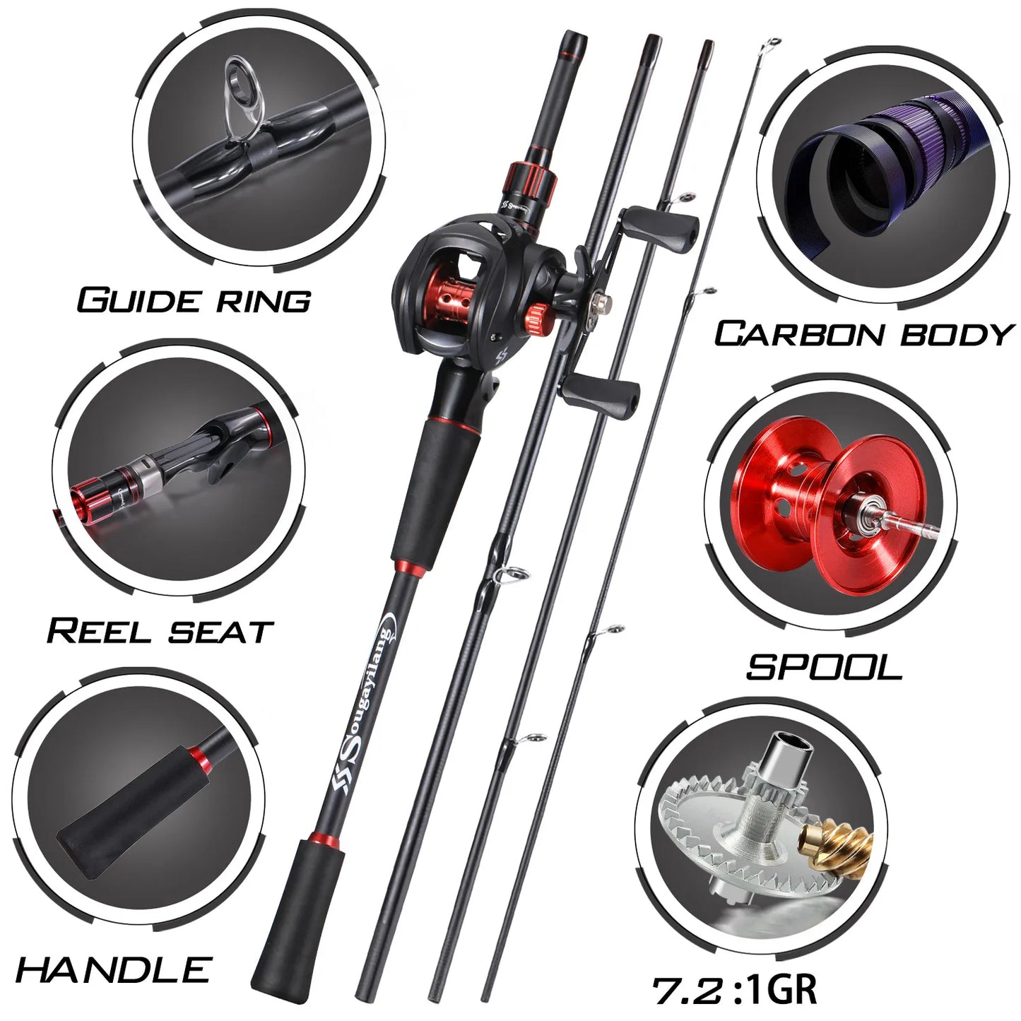 Sougaliyang Black/Red Bait-Cast Rod Combo