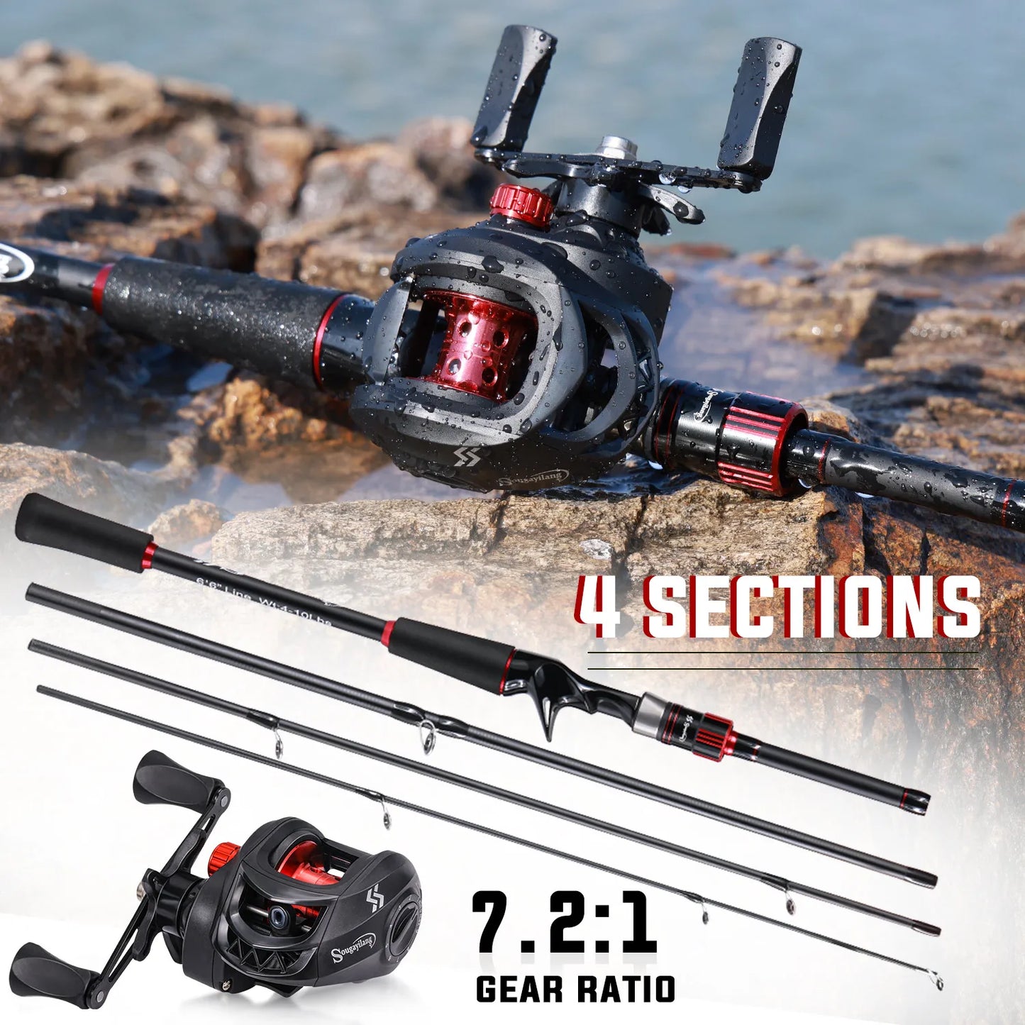 Sougaliyang Black/Red Bait-Cast Rod Combo
