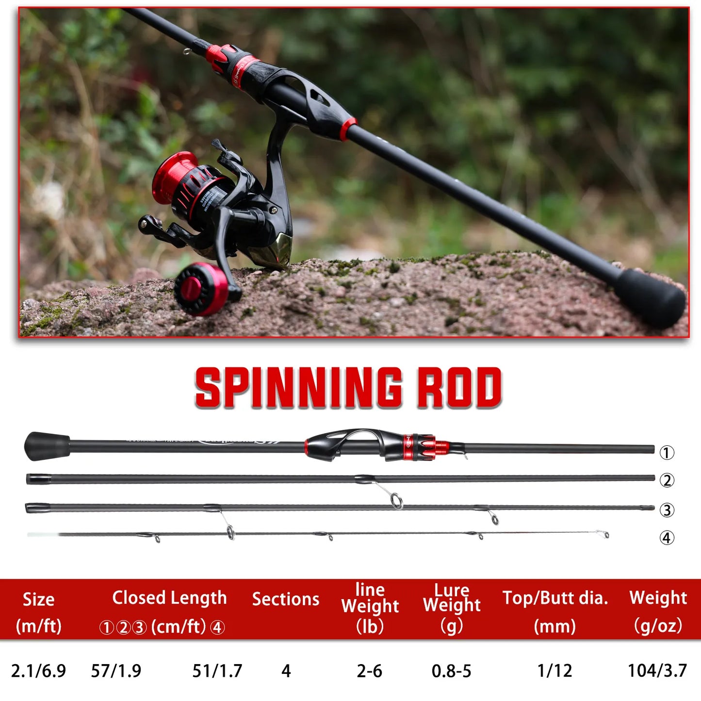 Sougayilang Casting/Spinning Rod - Black/Red