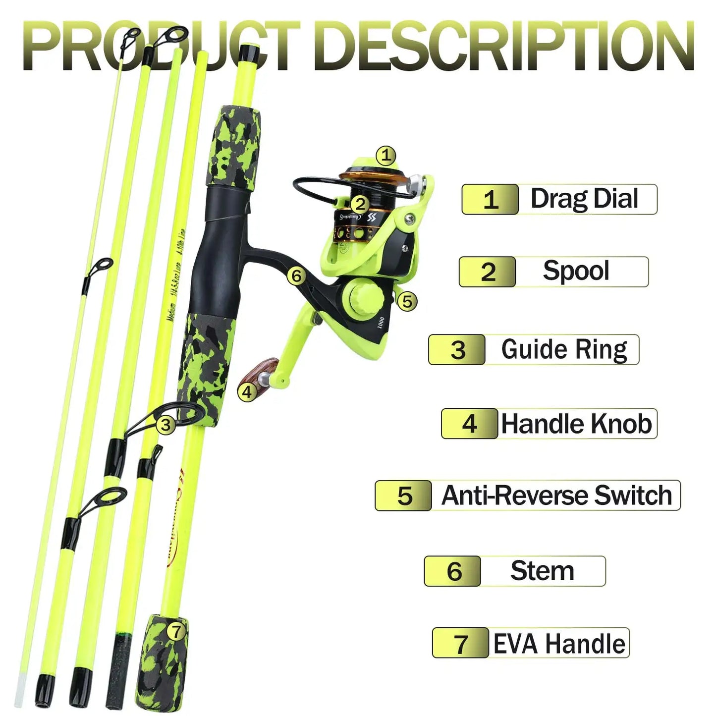 Sougayilang 5-section Spinning Combo - Yellow 6’ 7’ 8’