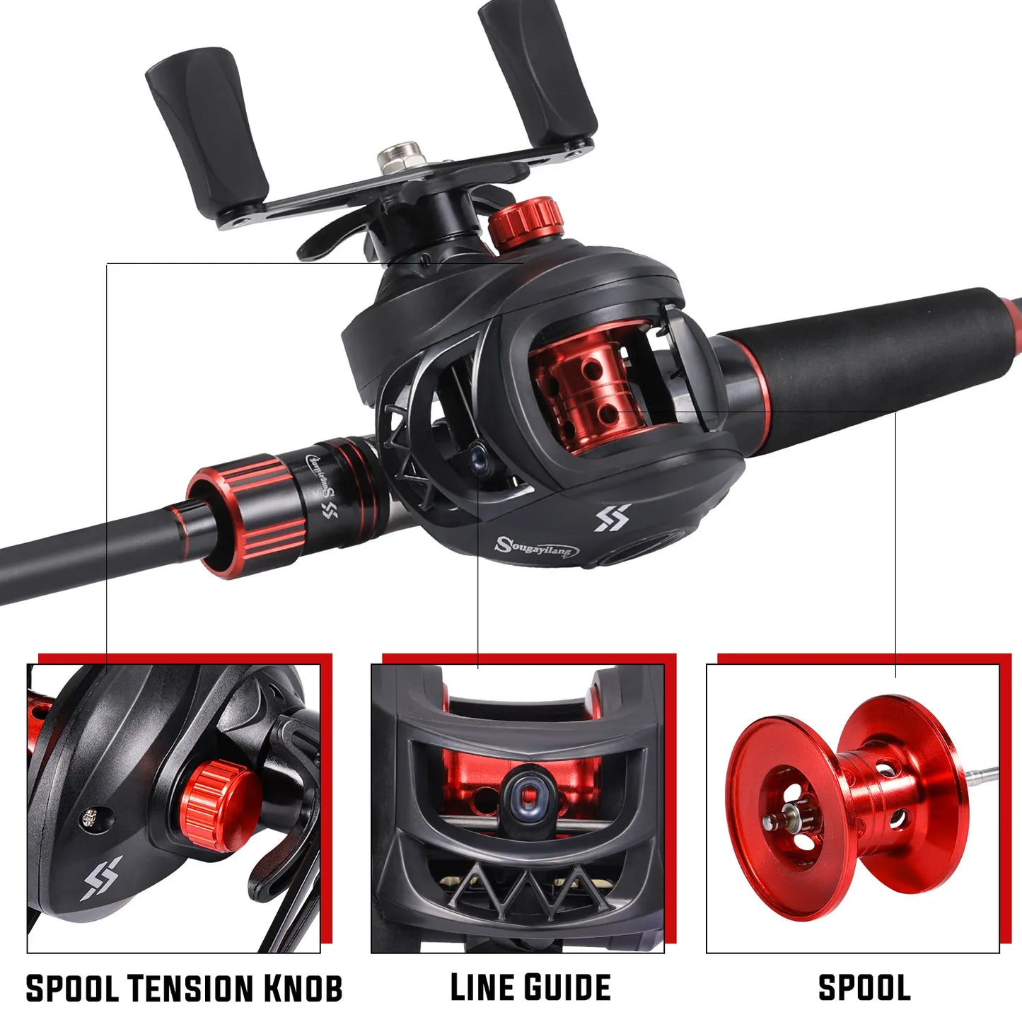 Sougaliyang Black/Red Bait-Cast Rod Combo