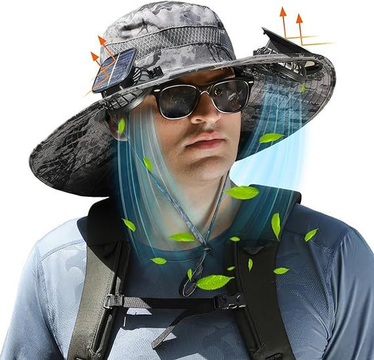 Unisex Wide Brim Solar Fan Outdoor Fishing Hat-Solar & USB Charging