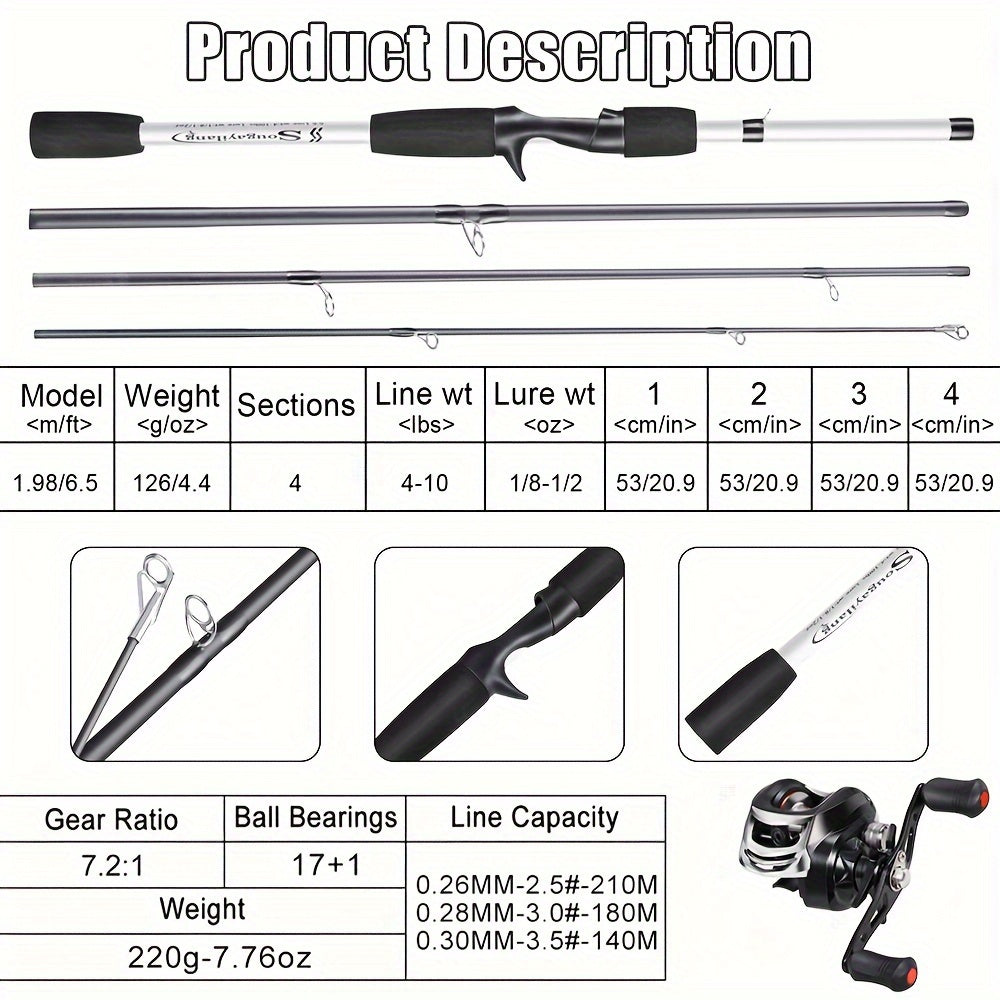 Sougayilang Baitcasting Fishing Combination 1.98m/6.5ft Portable Fishing Rod 12+1 Bb Casting Fishing Kit for Travel Saltwater Freshwater Fishing Kit
