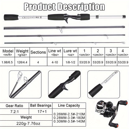 Sougayilang Baitcasting Fishing Combination 1.98m/6.5ft Portable Fishing Rod 12+1 Bb Casting Fishing Kit for Travel Saltwater Freshwater Fishing Kit