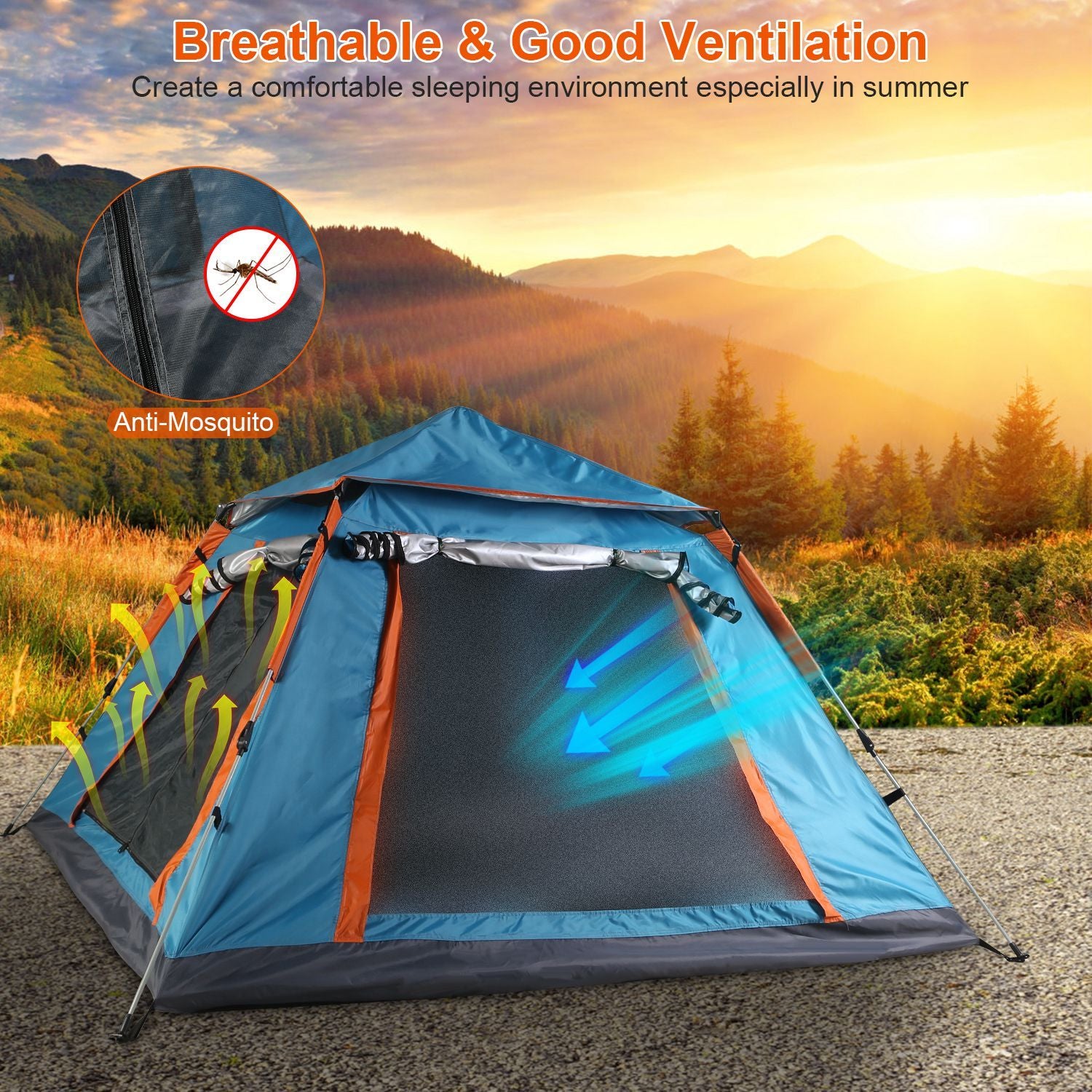 1Pc 4-5 Person Camping Tent With 2 Mosquito Nets, Carry Bag, & Rainfly