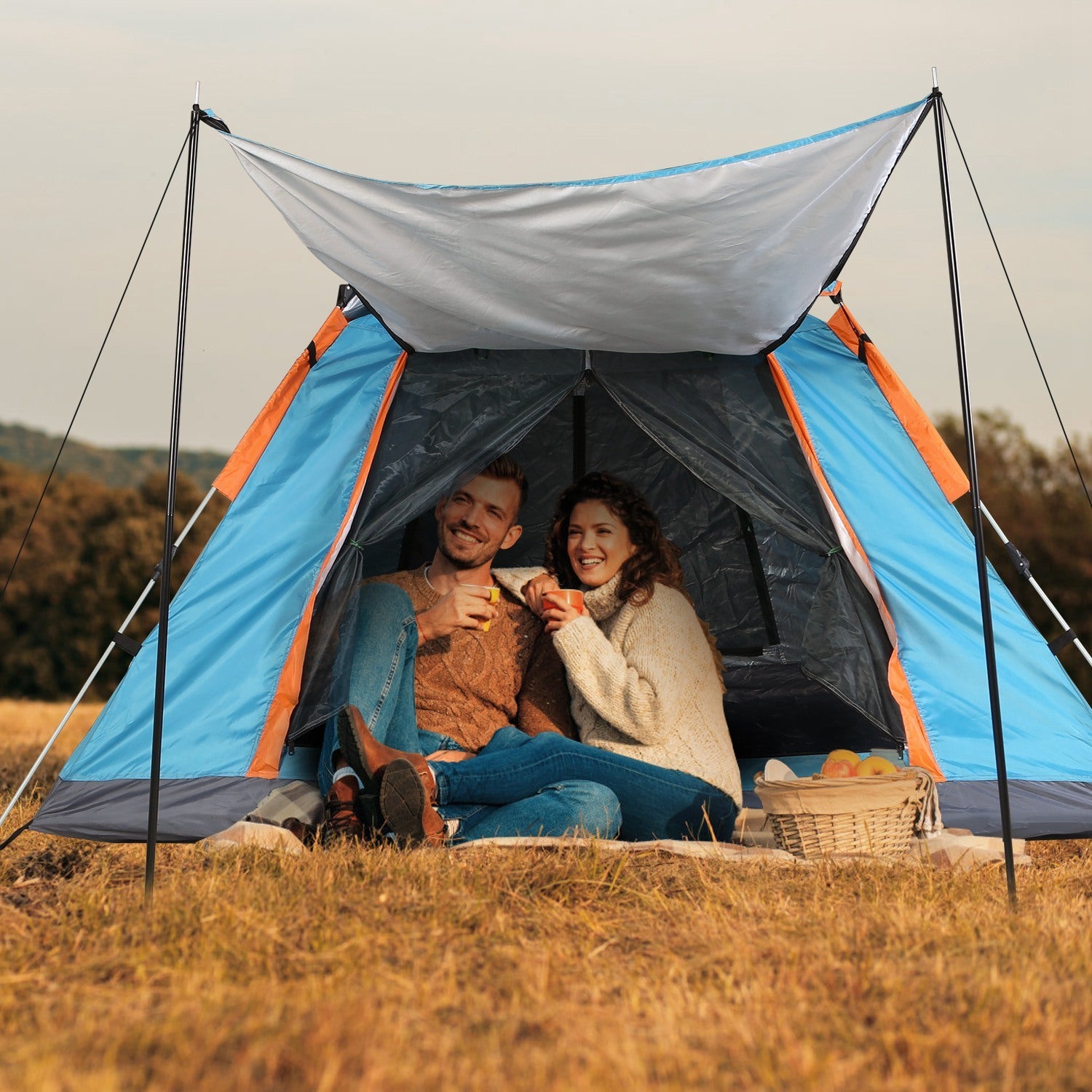 1Pc 4-5 Person Camping Tent With 2 Mosquito Nets, Carry Bag, & Rainfly