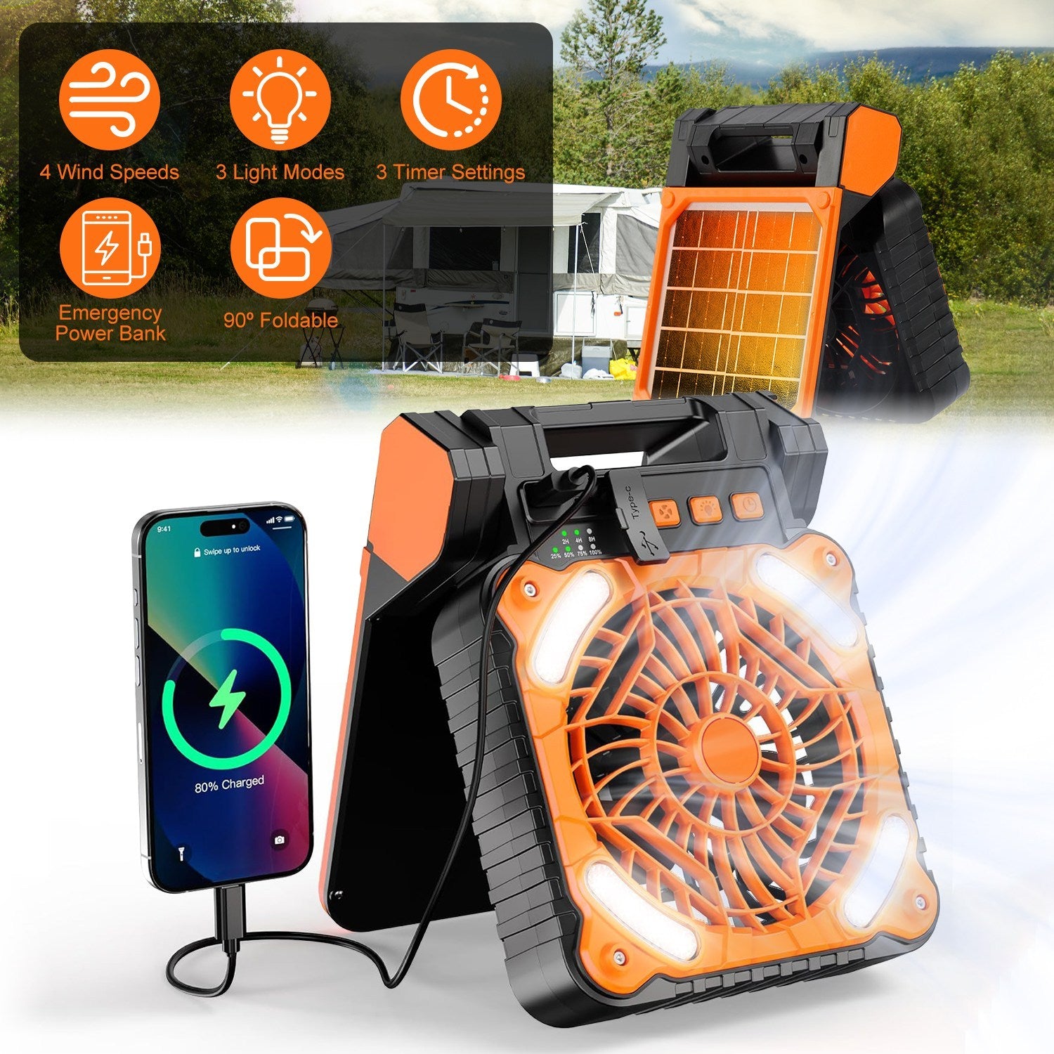 1Pc Solar Camping Fan With LED Lantern 5200mAh Rechargeable Battery