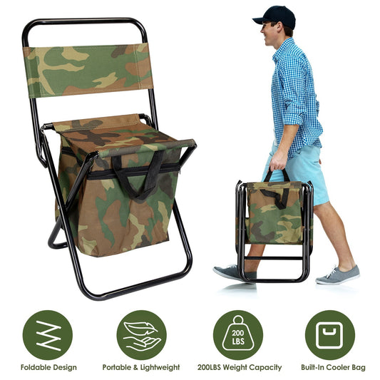 Foldable Fishing Chair With Backrest & Built-In Cooler Bag