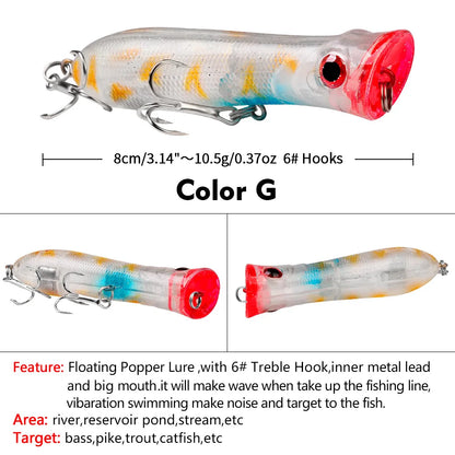 Topwater Popper Saltwater Fishing 8cm-12g 6# Floating Bait Hard Bait Artificial Wobblers Plastic Fishing Tackle for Striper Pike