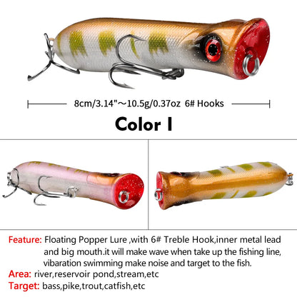 Topwater Popper Saltwater Fishing 8cm-12g 6# Floating Bait Hard Bait Artificial Wobblers Plastic Fishing Tackle for Striper Pike