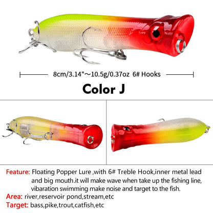 Topwater Popper Saltwater Fishing 8cm-12g 6# Floating Bait Hard Bait Artificial Wobblers Plastic Fishing Tackle for Striper Pike