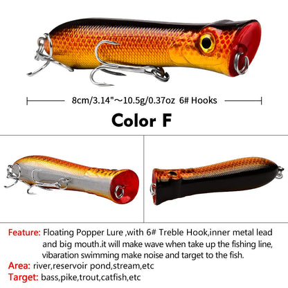Topwater Popper Saltwater Fishing 8cm-12g 6# Floating Bait Hard Bait Artificial Wobblers Plastic Fishing Tackle for Striper Pike