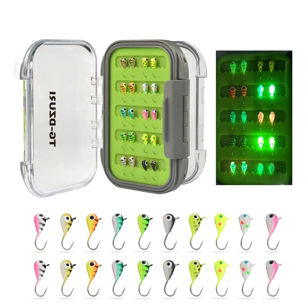 TG-DZURI Tungsten Ice Fishing Jigs Kit 20Pcs Glow in Dark Tear Drop Ice Fishing Lure Jigs with Two-Sided Jig Box Assortment 4.0mm